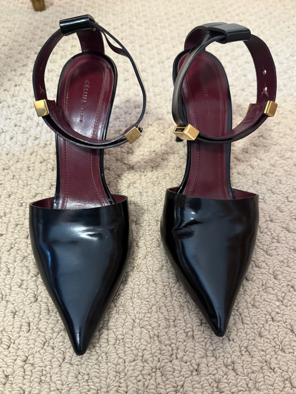 CELINE Black Patent Pointed-Toe Ankle-Strap Pumps with Gold Accents